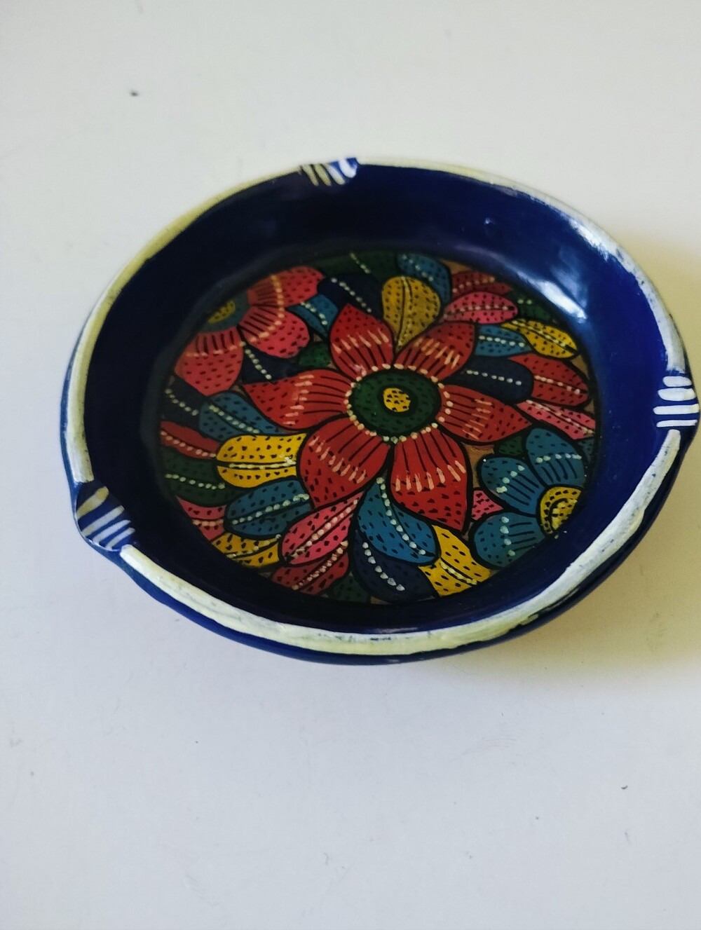 Hand-painted Mexican folk art pottery ashtray Trinket Dish mandala cobalt blue